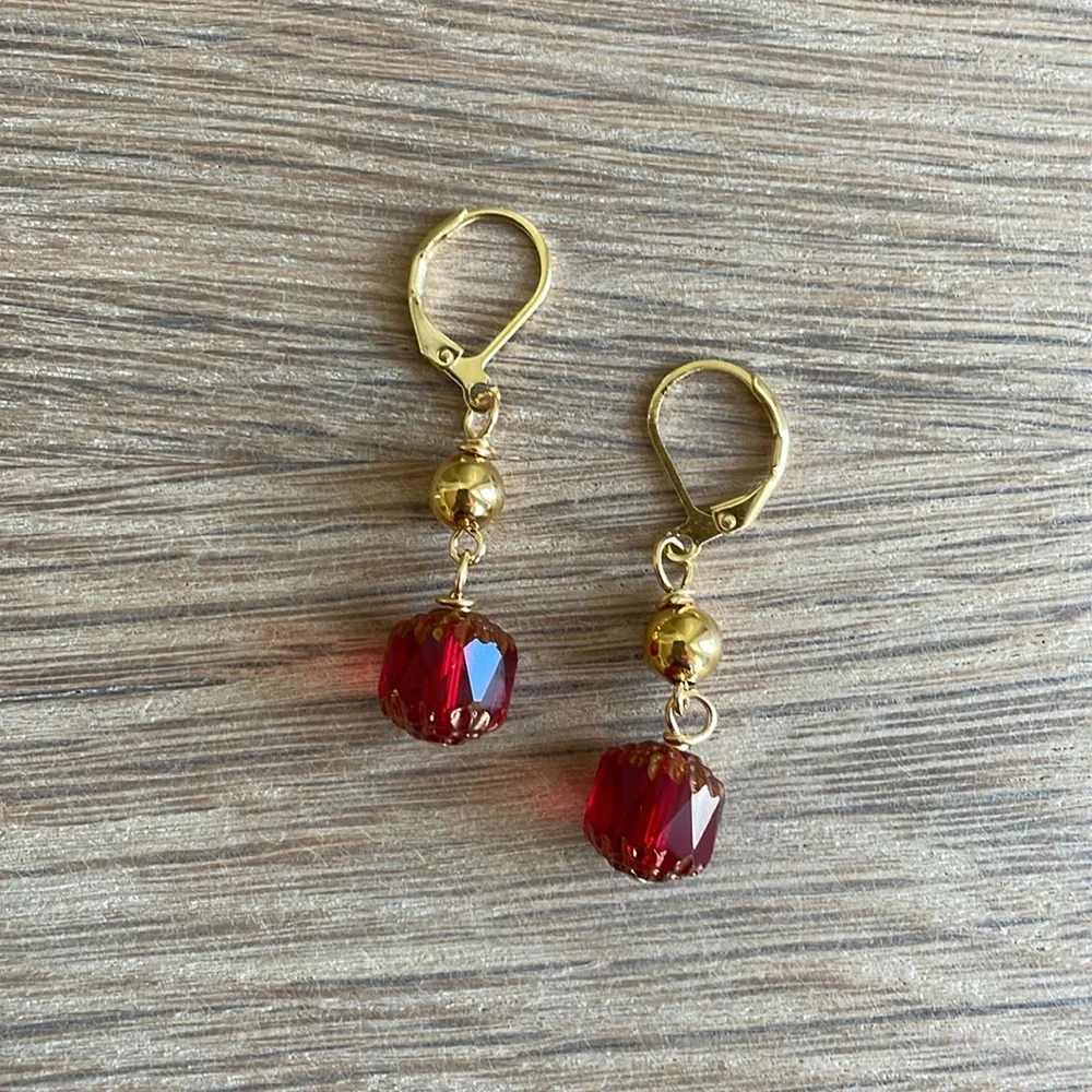 HAND CRAFTED PIERCED EARRINGS Red Cathedral Beads Gold Beads Approximately 1.5”